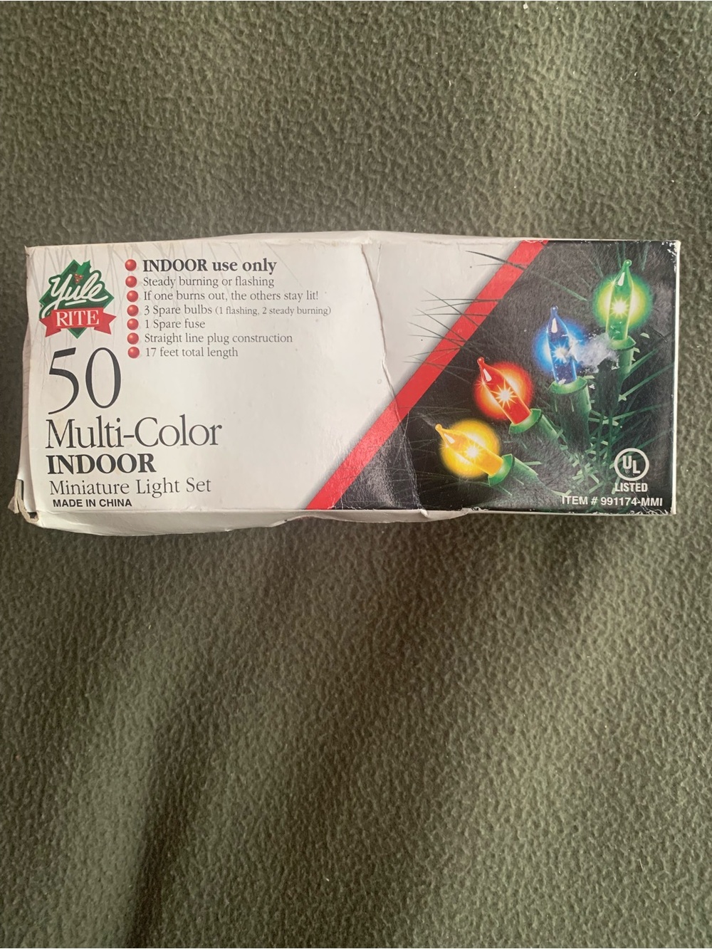 NIB Yule Rite 50-light multi-color indoor mini light set. Green wire.